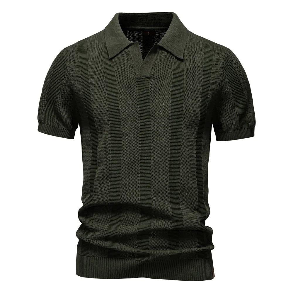 2025 Men'S Solid & Striped Mesh Polo Shirt - Breathable Knit Casual Top with Turn-Down Collar